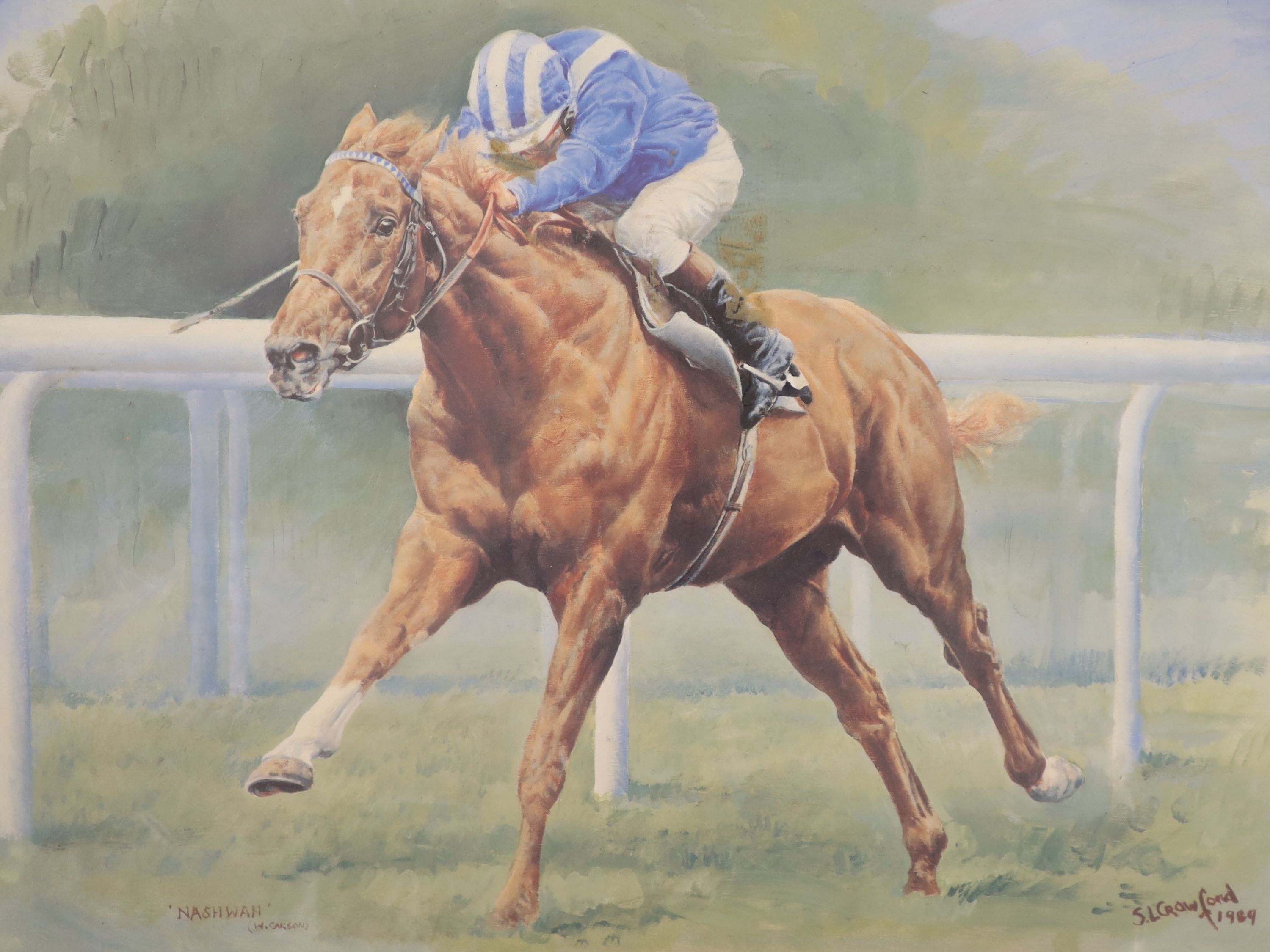S.L. Crawford, limited edition print, Nashwan, signed by the jockey, 50 x 65cm and a photograph of a horse